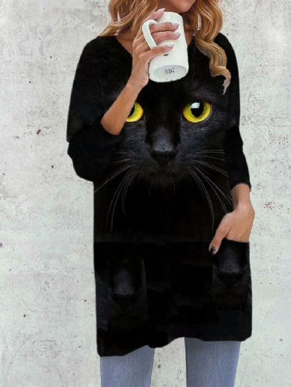 Dames Cat Face Print Lange Mouw O-hals Lange Casual Blouse