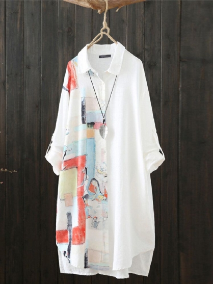 Dames Graffiti Print Revers Zijsplit Lange Mouwen Hoge Lage Zoom Casual Blouses