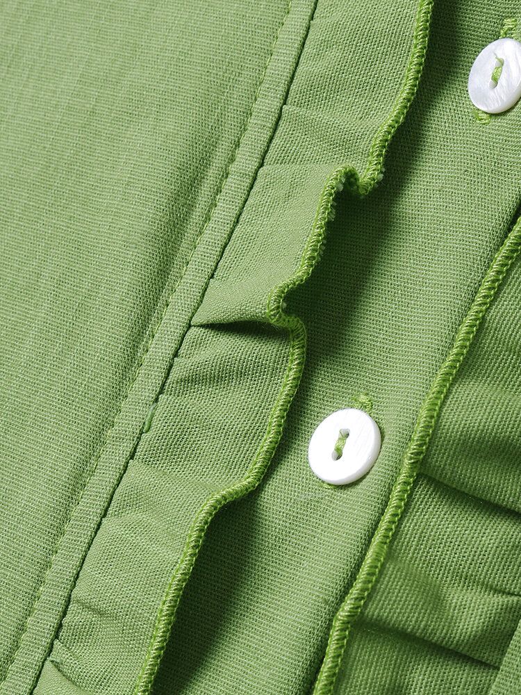 Dames Groene Ruche Trim Lange Mouwen Trekkoord Knop Casual Blouse