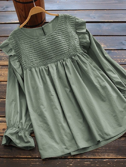 Dames Kanten Patchwork Effen Kleur O-hals Losse Casual Geplooide Blouse Met Lange Mouwen