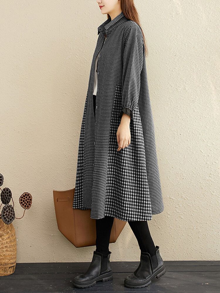 Dames Klassieke Geruite Patchwork Plooien Revers Halfhoge Kuitoverhemden
