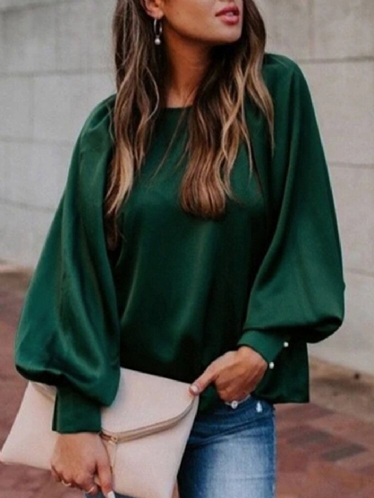 Dames O-hals Pofmouw Losse Casual Effen Kleur Blouse