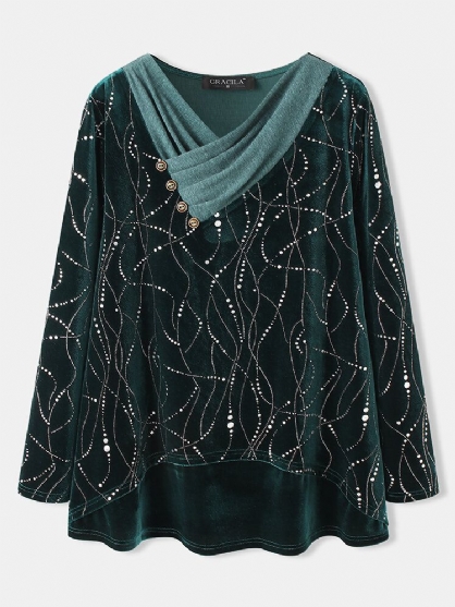 Dameslijnen Print V-hals Knoopontwerp Hoge Lage Zoom Casual Blouse Met Lange Mouwen