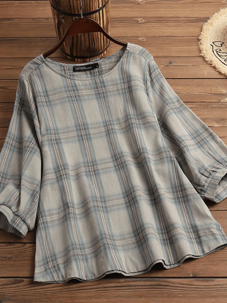 Geruite Ronde Hals Boog Rug Effen Casual Blouses Met Halve Mouwen Voor Dames