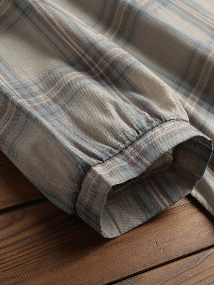 Geruite Ronde Hals Boog Rug Effen Casual Blouses Met Halve Mouwen Voor Dames