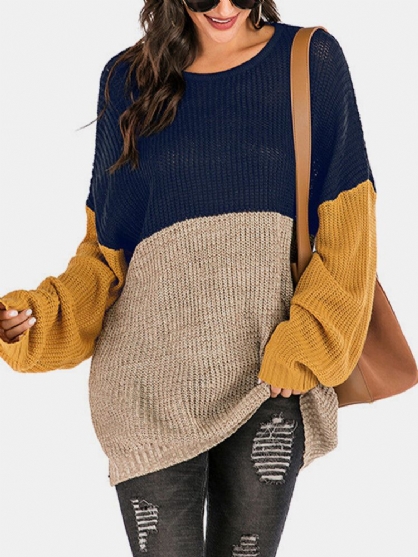 Dames Contrast Patchwork Ronde Hals Gebreide Relaxed Fit Pullover Truien