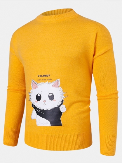 Heren Cartoon Katten Print Ronde Hals Gebreide Pullover Truien