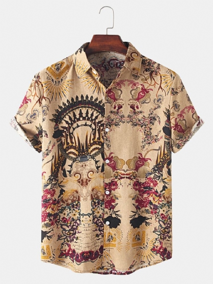 Heren Nationale Stijl Bloemenprint Vintage Revers Overhemd Met Korte Mouwen