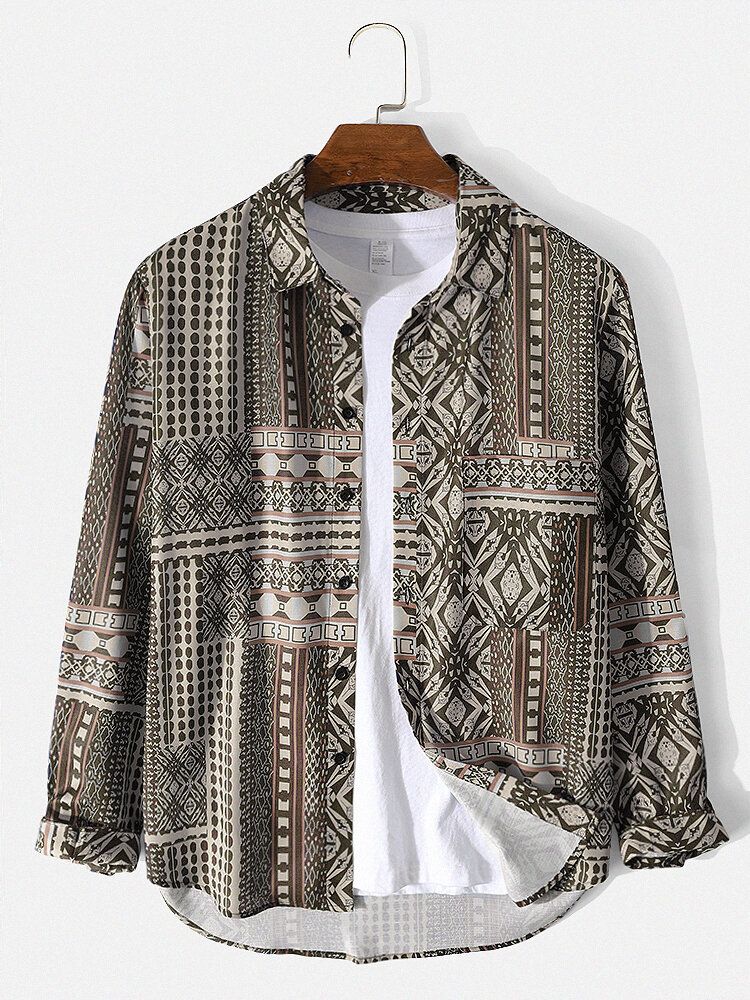 Heren Vintage Etnische Patroon Print Revers Shirt Met Lange Mouwen