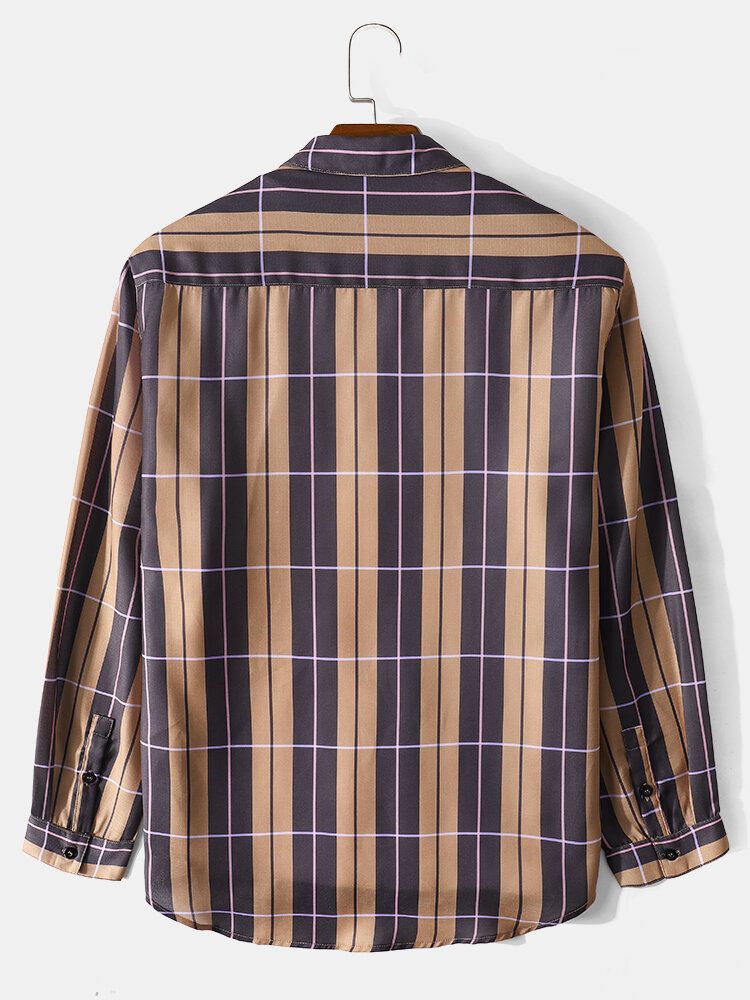 Heren Vintage Gestreepte Geruite Print Button Revers Shirt Met Lange Mouwen