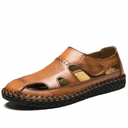 Heren Rundleder Hand Stiksels Antislip Zachte Zool Casual Sandalen