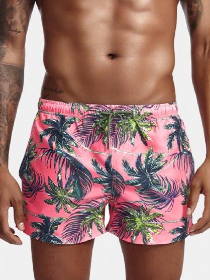 Heren Kokospalm Print Roze Strand Shorts Surf Sport Mini Knitting Board Shorts Met Zakken