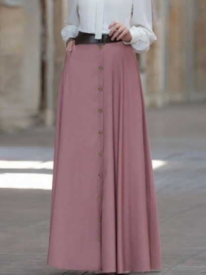Dames Effen Kleur Button Up Hoge Taille Losse Lange Rokken Met Zijzakken