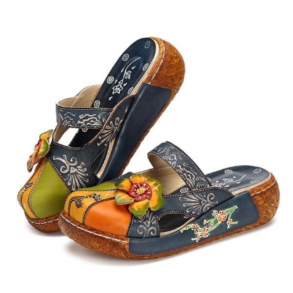 Vintage Kleurrijke Lederen Uitgeholde Rugloze Bloemenschoenen Voor Dames