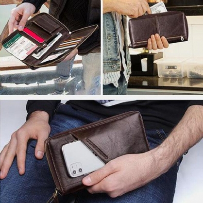 Mannen Lederen Rits Retro Zakelijke Multi Card Slot Multifunctionele 5.8 Inch Telefoon Lederen Clutch Purse Kaarthouder Portemonnee Met Polsband