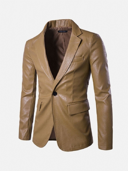 Effen Kleur Pu Één Knop Slim Fit Bress Blazer Pakken Voor Mannen