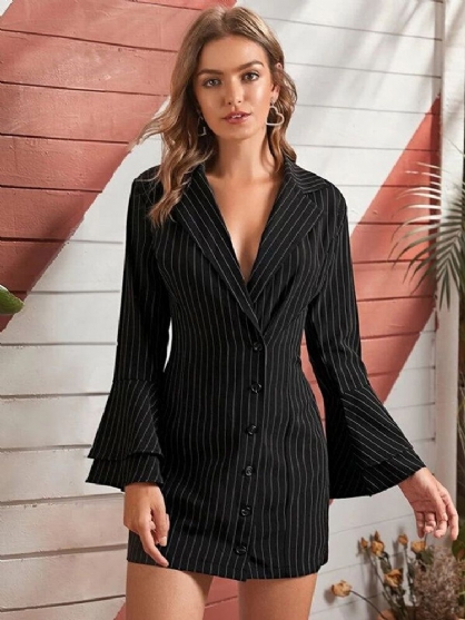 Gestreepte Revers Lange Casual Blazers Met Belmouwen Voor Dames