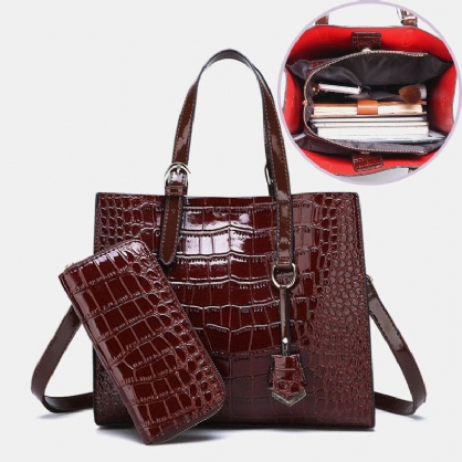 Dames 2 Stks Alligator Pu Multi-pocket Handtas Crossbody Tas Tote Met Grote Capaciteit
