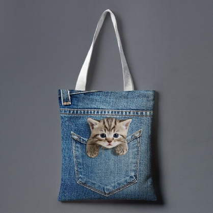 Vrouwen Canvas Kat Hond Binnen Jeans Patroon Grote Capaciteit Schooltas Schoudertas Handtas Tote