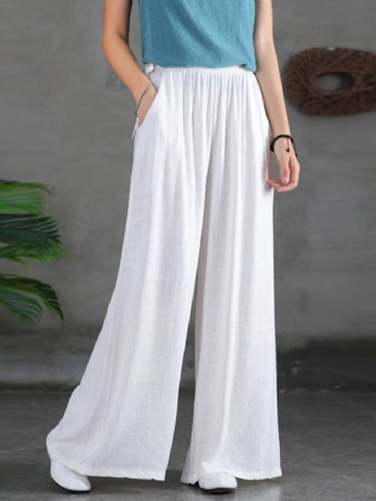 Dames Casual Effen Kleur Side Drawstring Losse Wijde Pijpen Broek Met Zakken