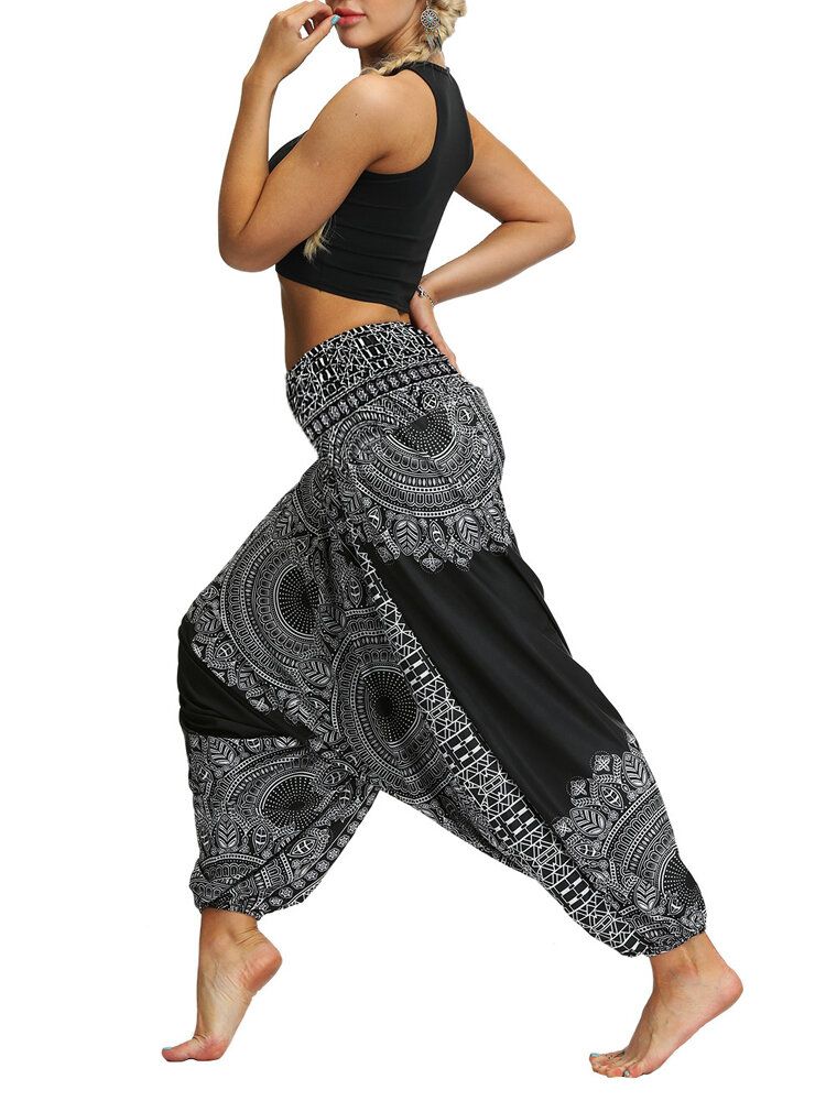 Dames Hoge Taille Vintage Bloemenprint Zwarte Losse Yoga Harembroek