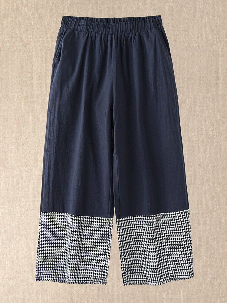 Dames Houndstooth Patchwork Losse Casual Elastische Mid Taille Wijde Pijpen Broek