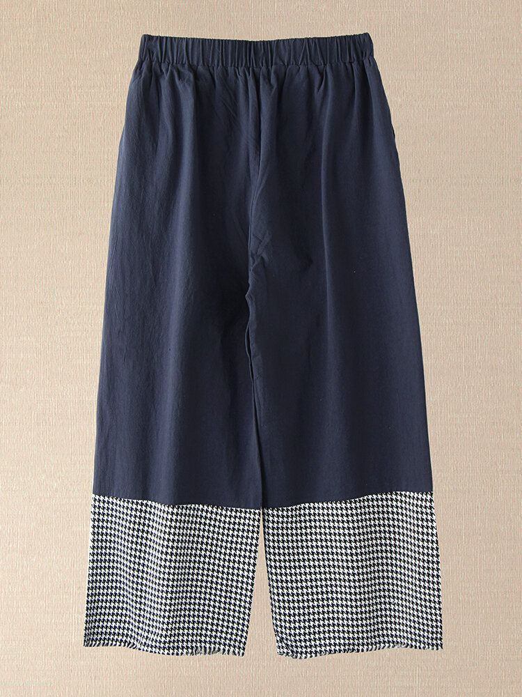 Dames Houndstooth Patchwork Losse Casual Elastische Mid Taille Wijde Pijpen Broek