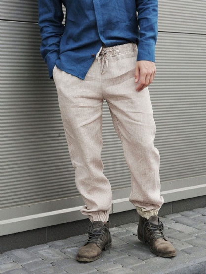 Heren 100% Katoenen Effen Casual Elastische Enkelbroek Met Trekkoord