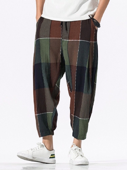 Heren 100% Katoenen Geruite Trekkoord Elastische Been Casual Broek Met Zak