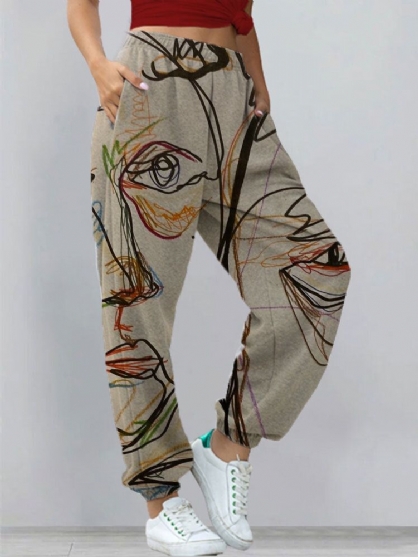 Vintage Abstract Portret Graffiti Art Print Elastische Taille Joggingbroek