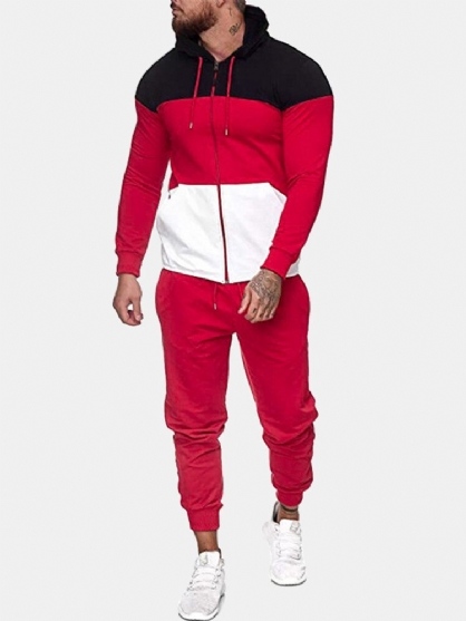 Heren Tricolor Patchwork Hoodie Jas Trekkoord Jogger Broek Sport Tweedelige Set