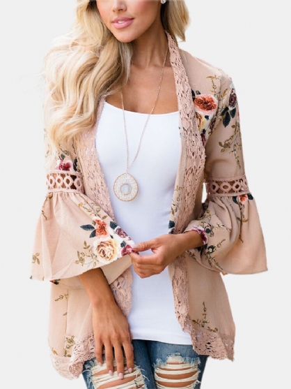 Lace Patchwork Vesten Met Lange Mouwen En Bloemenprint Voor Dames