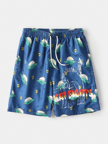 Heren Grappige Cartoon Ufo & Letter Print Trekkoord Mesh Voering Strand Casual Board Shorts