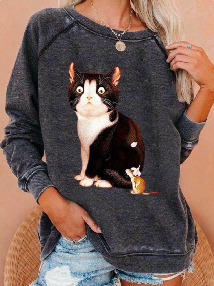 Dames Cute Cat Graphics Ronde Hals Casual Sweatshirts Met Raglanmouwen
