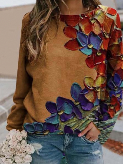 Dames Kleurrijke Bloemenprint Lange Mouwen O-hals Casual Sweatshirt