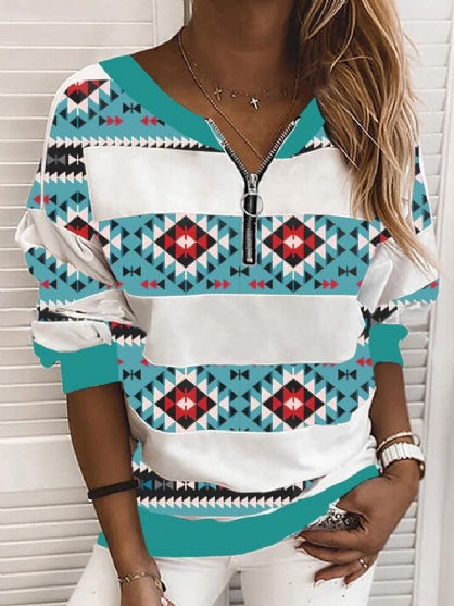 Damessweatshirt In Etnische Stijl Met Geometrische Print En Halve Rits Aan De Voorkant