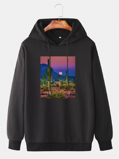 Heren Cactus Landschap Grafische Drop Schouder Trekkoord Hoodies