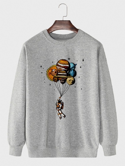 Heren Cartoon Planeten Astronaut Print Crew Neck Pullover Katoenen Sweatshirt