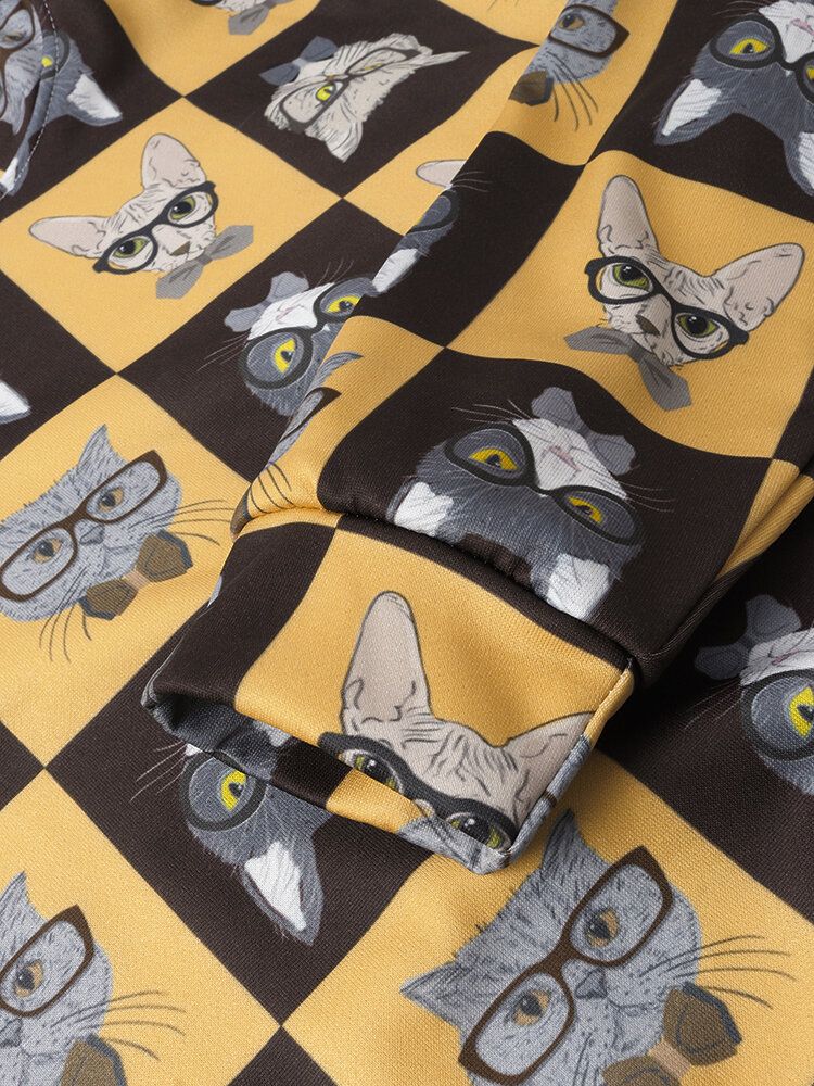 Heren Check Grappige Cartoon Kat Print Trekkoord Hoodies Met Zak