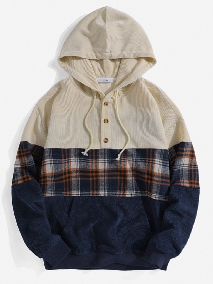 Heren Corduroy Patchwork Geruite Casual Hoodies Met Lange Mouwen En Zak