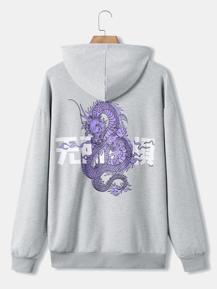 Heren Draak Chinees Karakter Terug Print 100% Katoen Trekkoord Hoodies