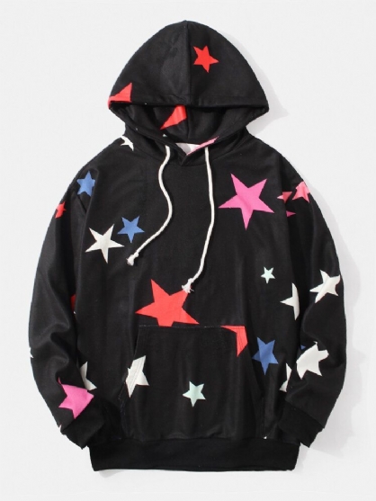 Heren Eenvoudige Sterren En Maan Print Zwarte Hoodies Met Lange Mouwen En Zak