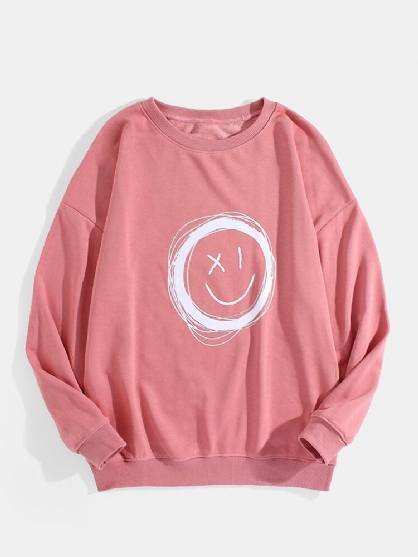 Heren Glimlach Gezicht Print Ronde Hals Katoen Casual Drop Shoulder Sweatshirts