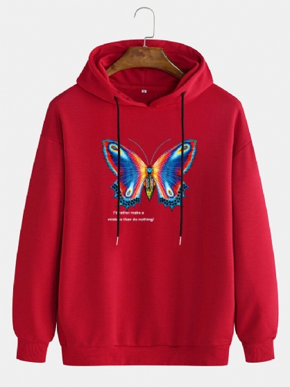Heren Kleurrijke Vlinder Grafische Print Effen Kleur Trekkoord Hoodie