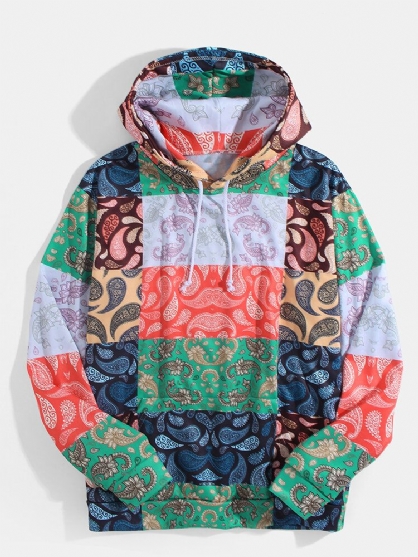 Heren Paisley Print Colour Block Hoodies Met Lange Mouwen Etnische Stijl Met Kangoeroezak