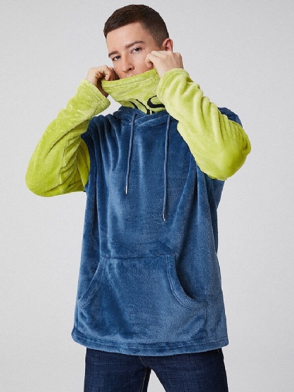 Heren Patchwork Drop Shoulder Pouch Pocket Pluizige Pluche Hoodies Met Letter Borduurwerk Snood