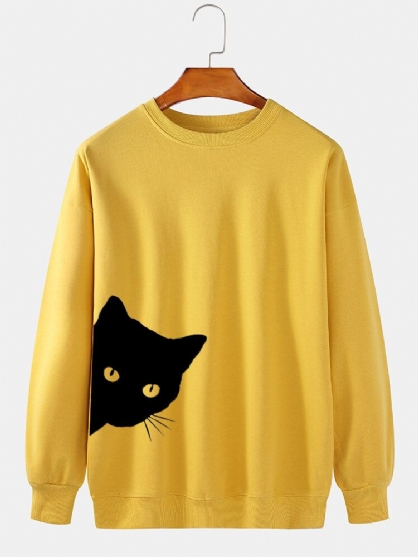 Heren Zwarte Kat Print 100% Katoen Ronde Hals Casual Pullover Sweatshirt Crew