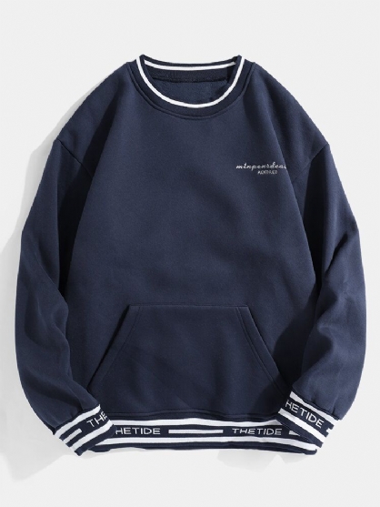 Herensweatshirts Met Letterprint En Buidelzak Met Contrasterende Geribbelde Rand
