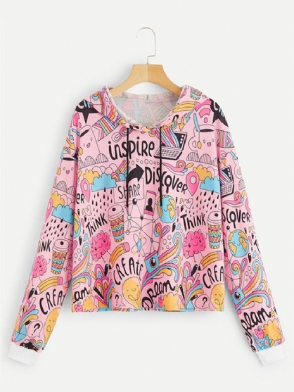 Leuke Cartoon Graffiti Print Lange Mouwen Casual Trekkoord Hoodies Voor Vrouwen