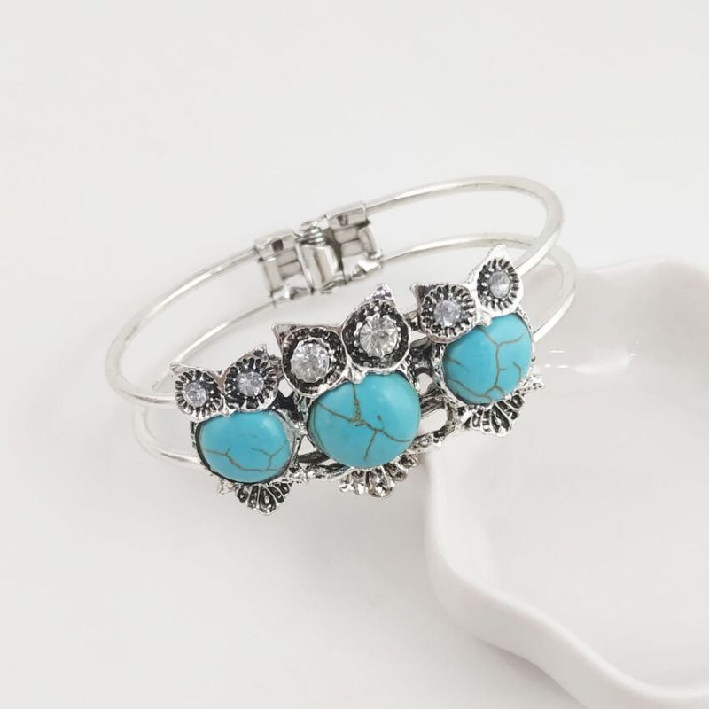 Boheemse Turquoise Imitatie Thaise Zilveren Uil Armband